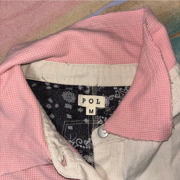 POL Patchwork chambray printed top Button Down Oversize Shirt size M - Picture 9 of 13